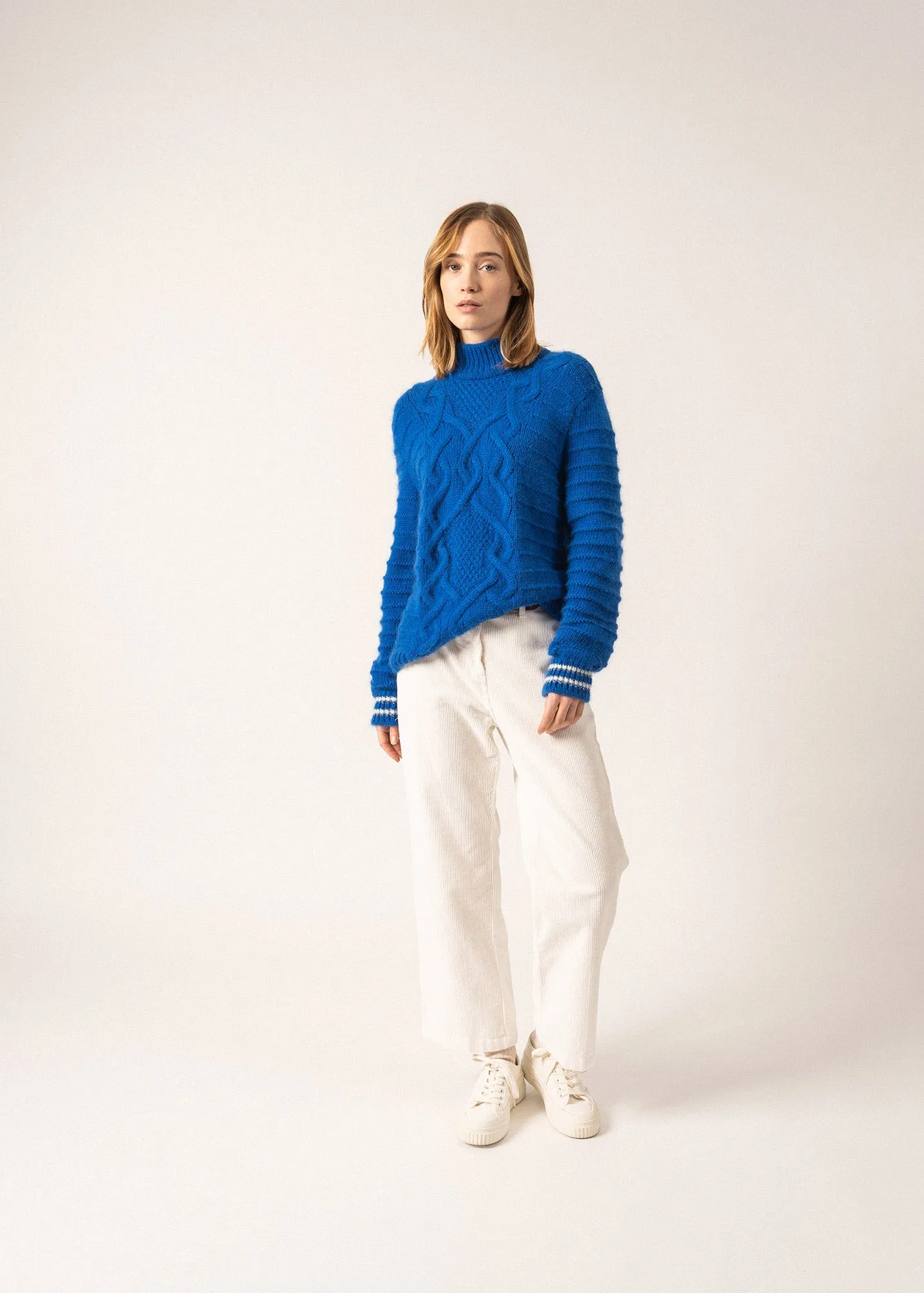 ALPES - Mock Neck Cable Sweater for Women | Mohair Blend (ROYAL BLUE)