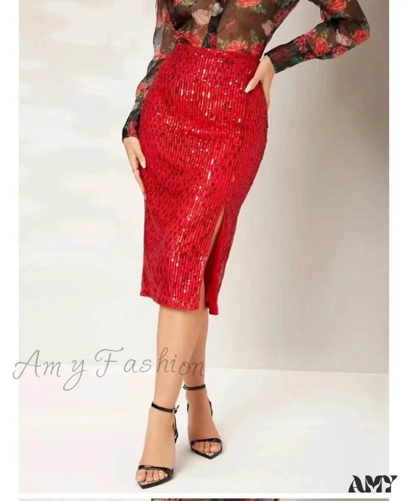 Amy Fashion - Side Slit Solid Color Tight Over Knee Slim Skirt