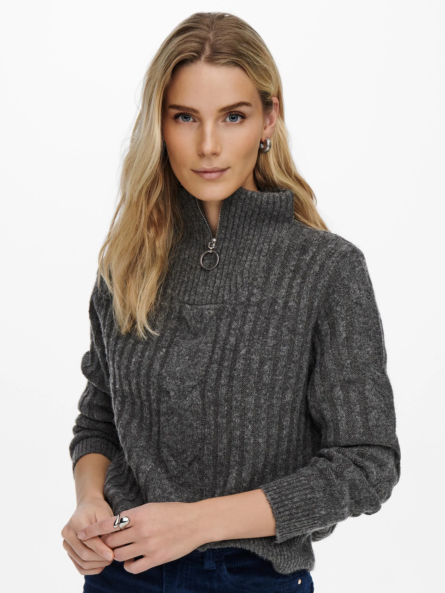 Andrea Zip Cable Knit - Dark Grey Melange