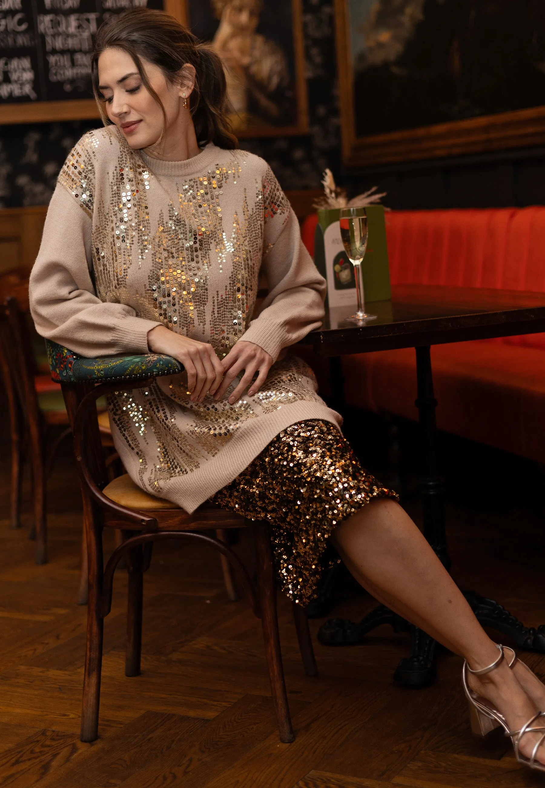 Apricot Long Knit Jumper with Gold Sequin Detail