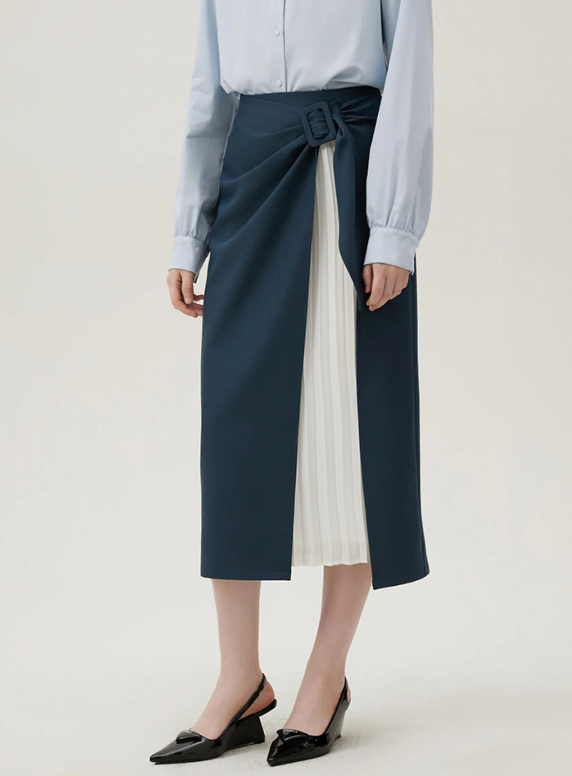 Asymmetrical Wrap Midi Skirt - Side Tie Pleated Insert