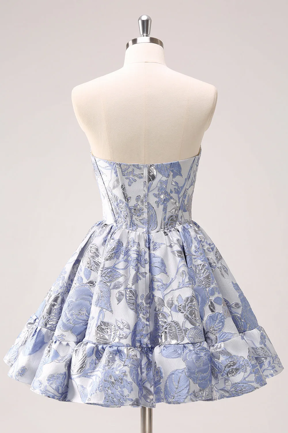 Beauty Blue A Line Pleated Strapless Corset Floral Mini Dress