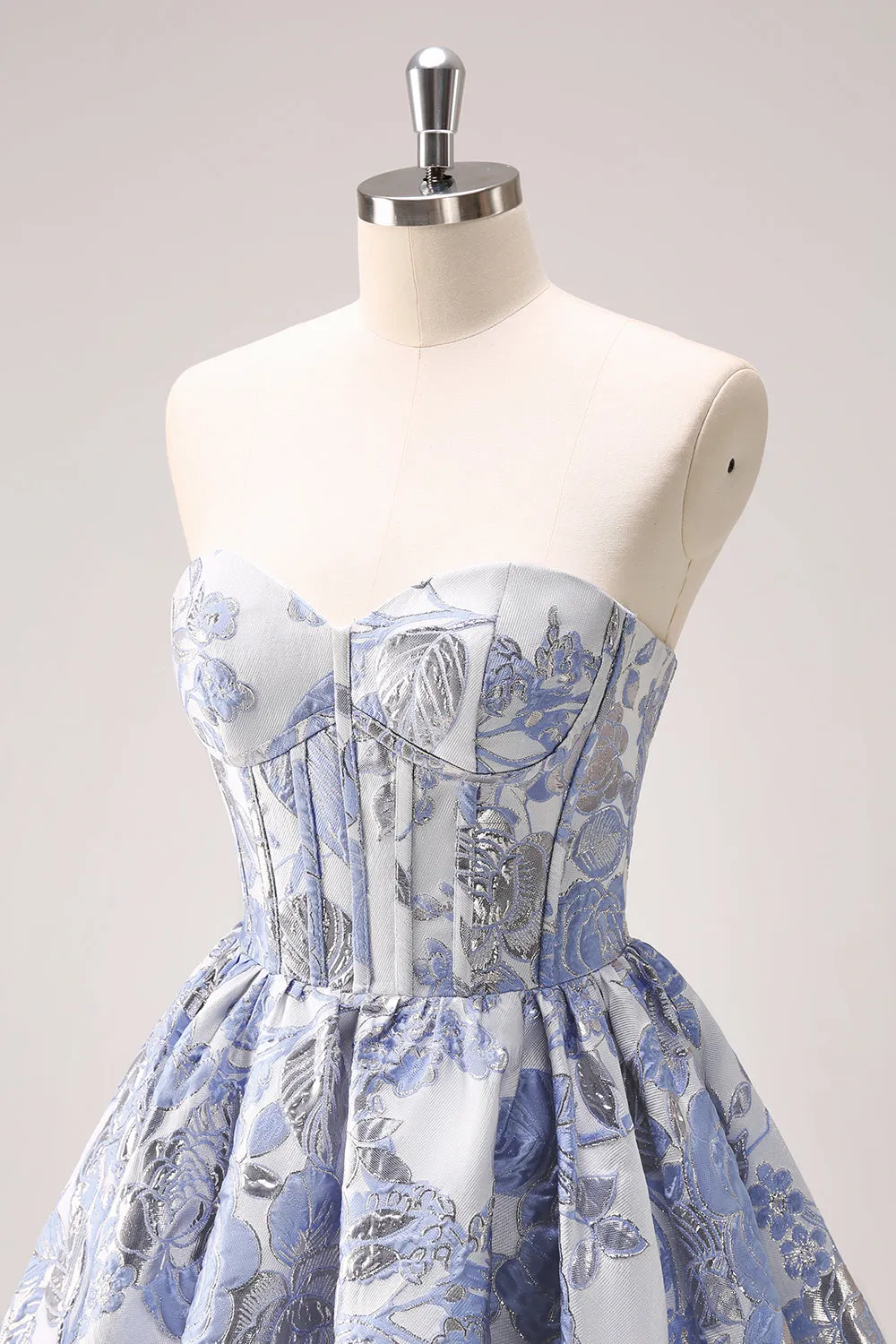 Beauty Blue A Line Pleated Strapless Corset Floral Mini Dress