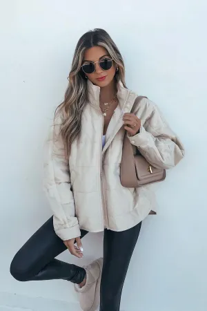 Beige Quilted Zip Up Puffer Jacket