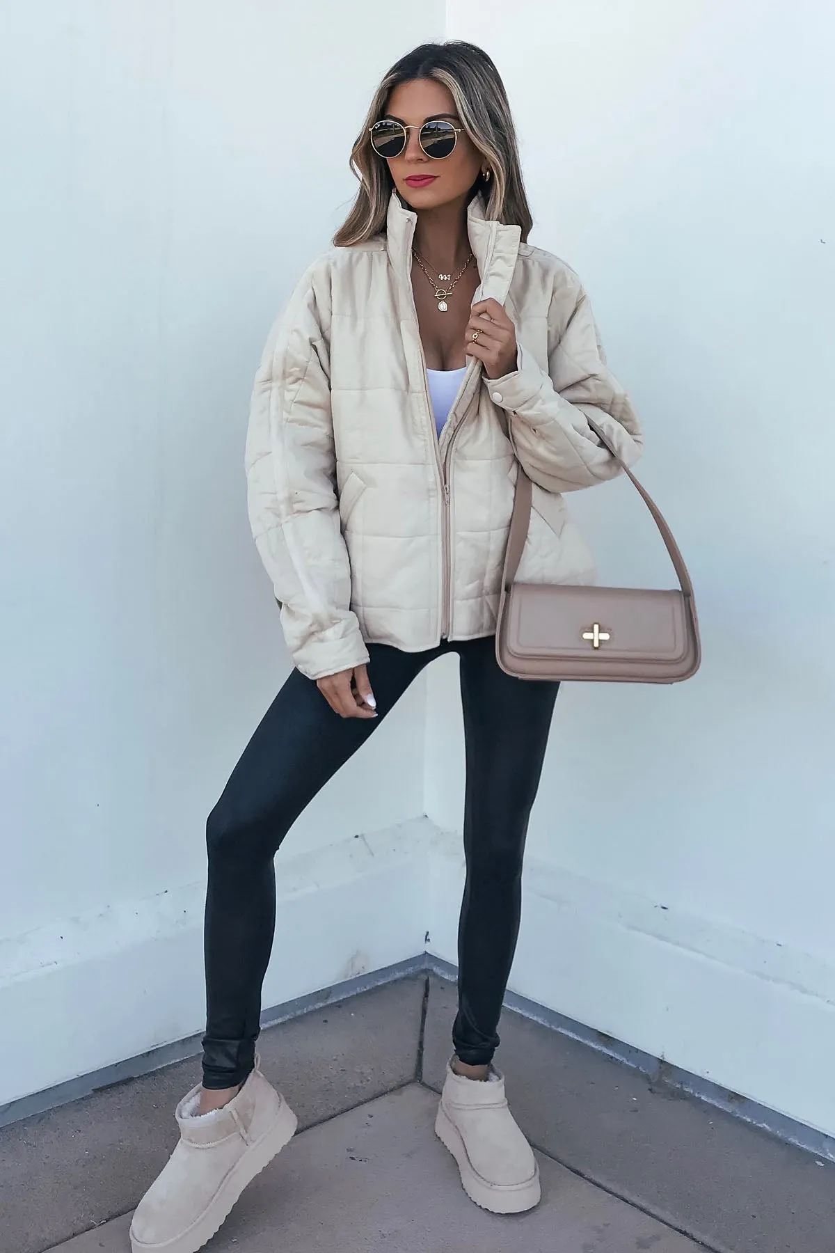 Beige Quilted Zip Up Puffer Jacket