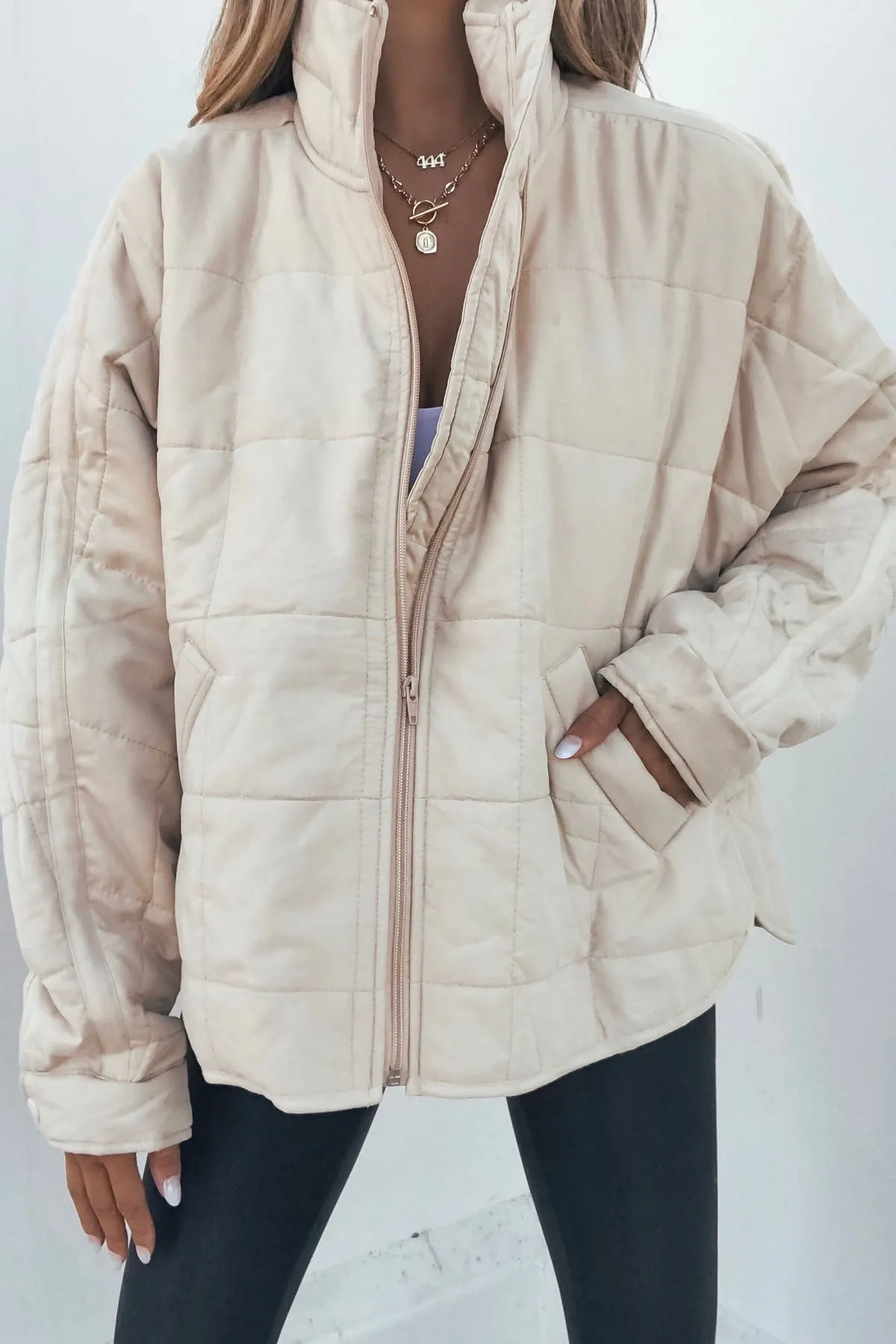 Beige Quilted Zip Up Puffer Jacket