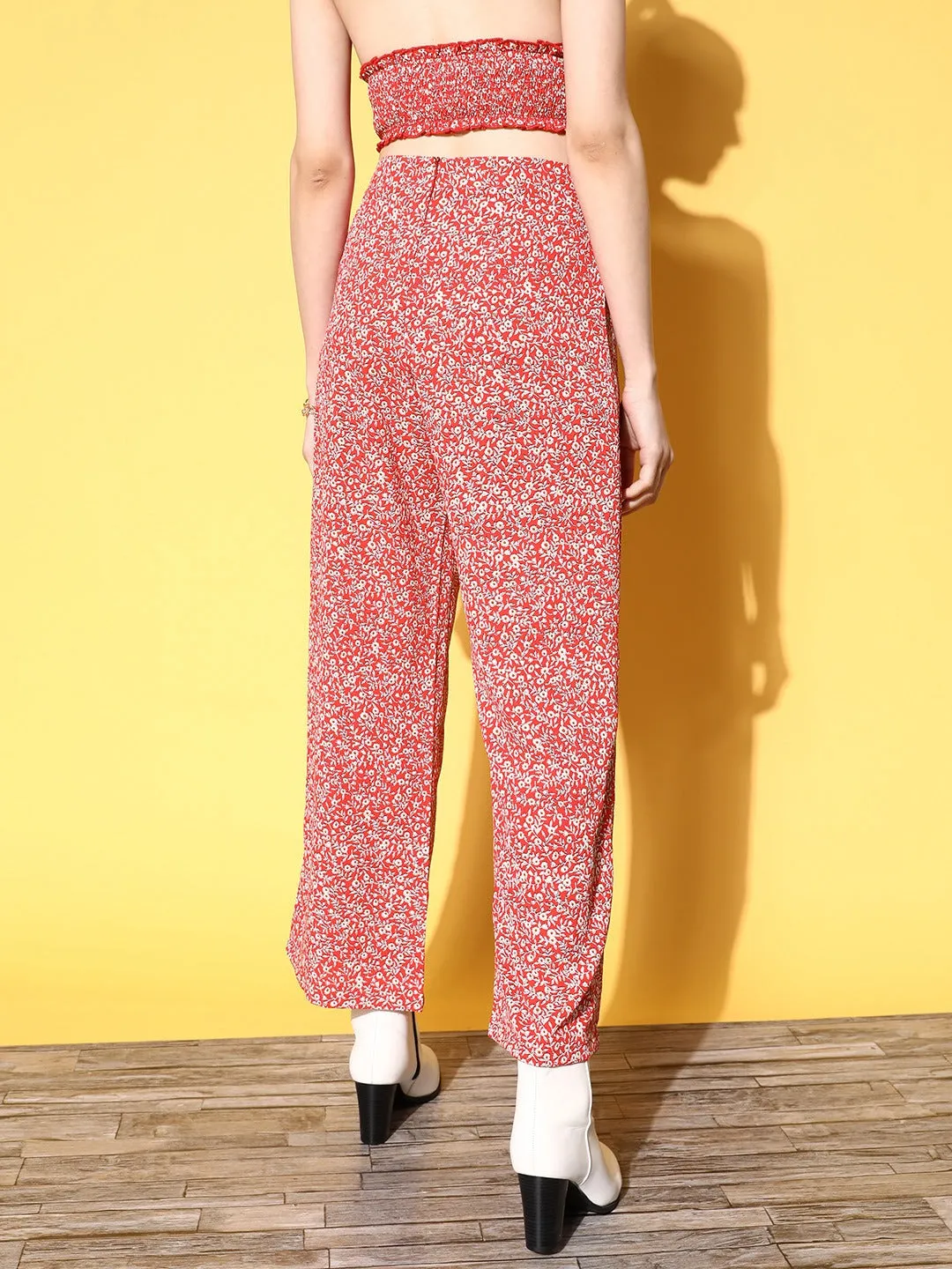 Berrylush Women Red & White Floral Printed Loose Fit High-Rise Waist Relaxed Trousers