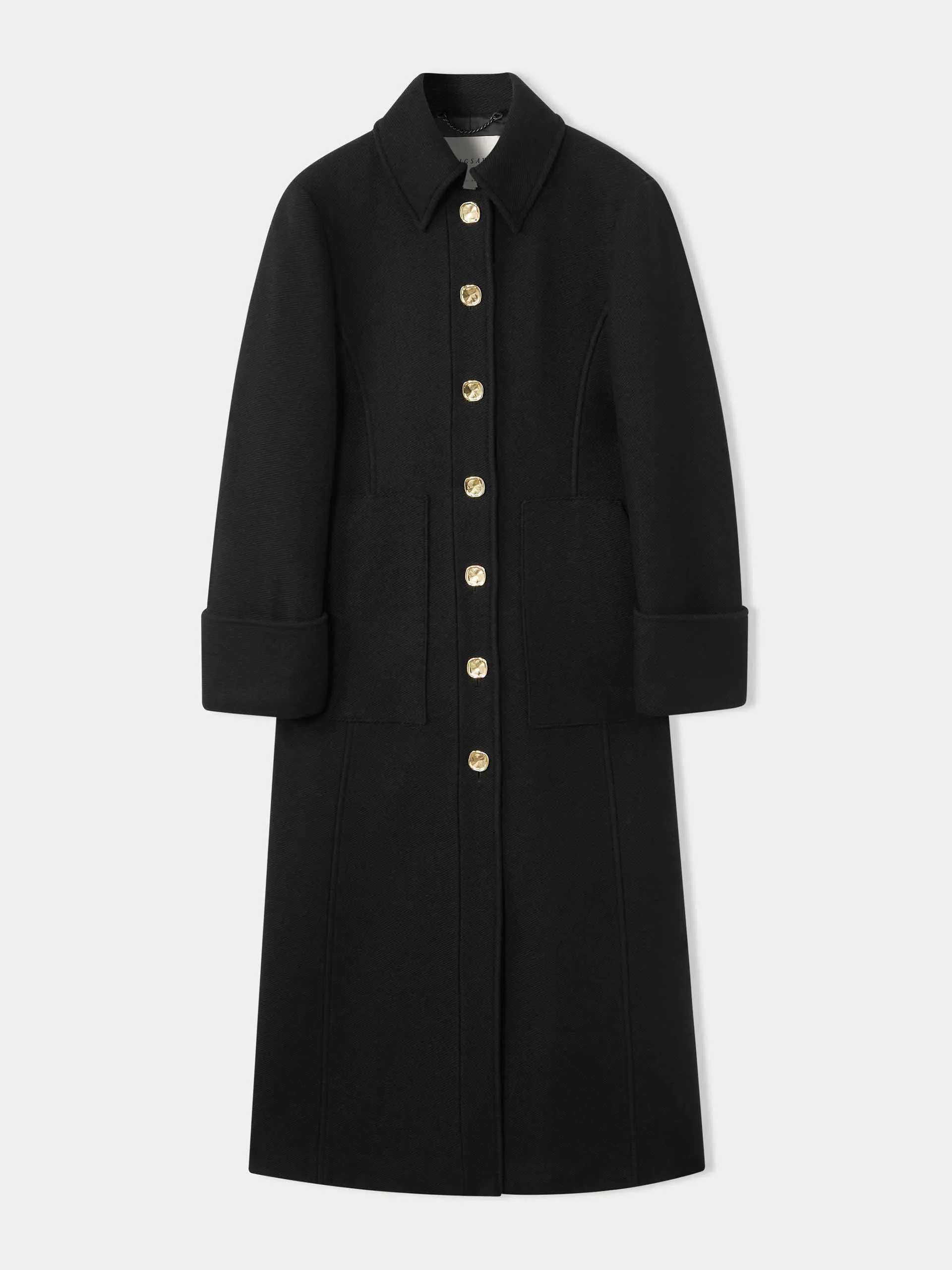 Black wool coat with gold buttons