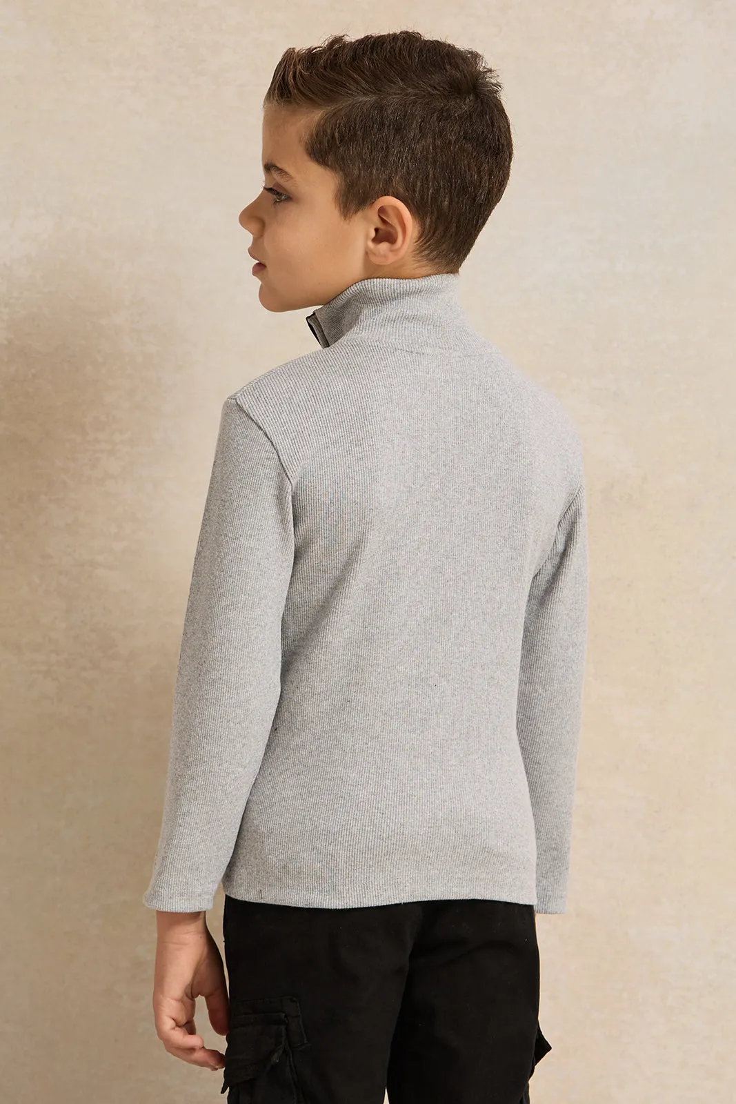 Boys Grey T-Shirt With Half Zip