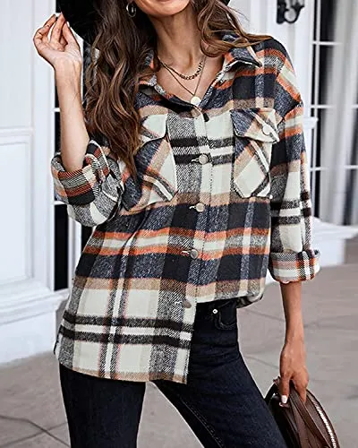 BTFBM Women Long Sleeve Shirts Button Down Plaid Loose Casual Flannel Fall Blouse Shirt Jacket Shackets Top with Pockets(Plaid Print Dark Blue, Medium)