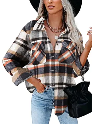 BTFBM Women Long Sleeve Shirts Button Down Plaid Loose Casual Flannel Fall Blouse Shirt Jacket Shackets Top with Pockets(Plaid Print Dark Blue, Medium)