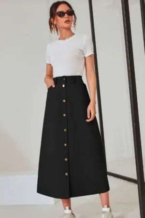 Button Down A-line Skirt Black