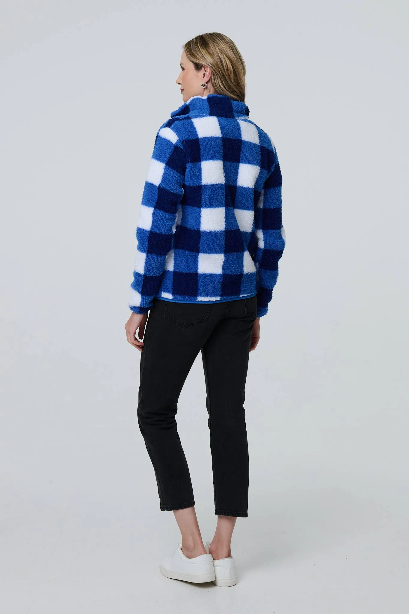 Checked Print Teddy Fur Zip Front Jacket