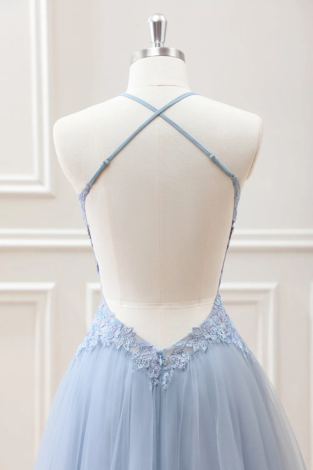 Cute A Line Dusty Blue Backless Tulle Beaded Mini Dress