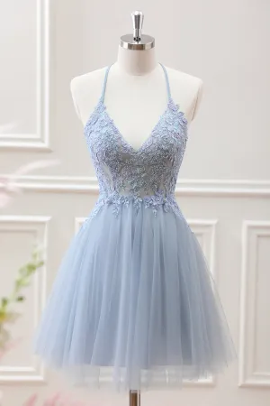 Cute A Line Dusty Blue Backless Tulle Beaded Mini Dress