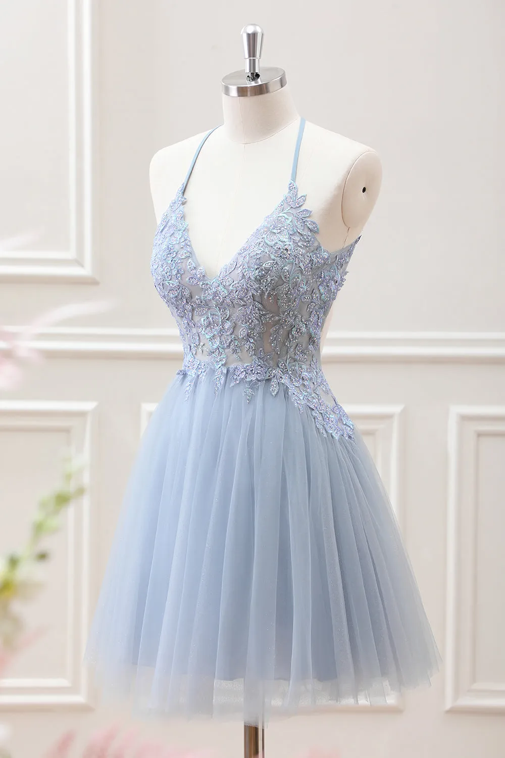 Cute A Line Dusty Blue Backless Tulle Beaded Mini Dress