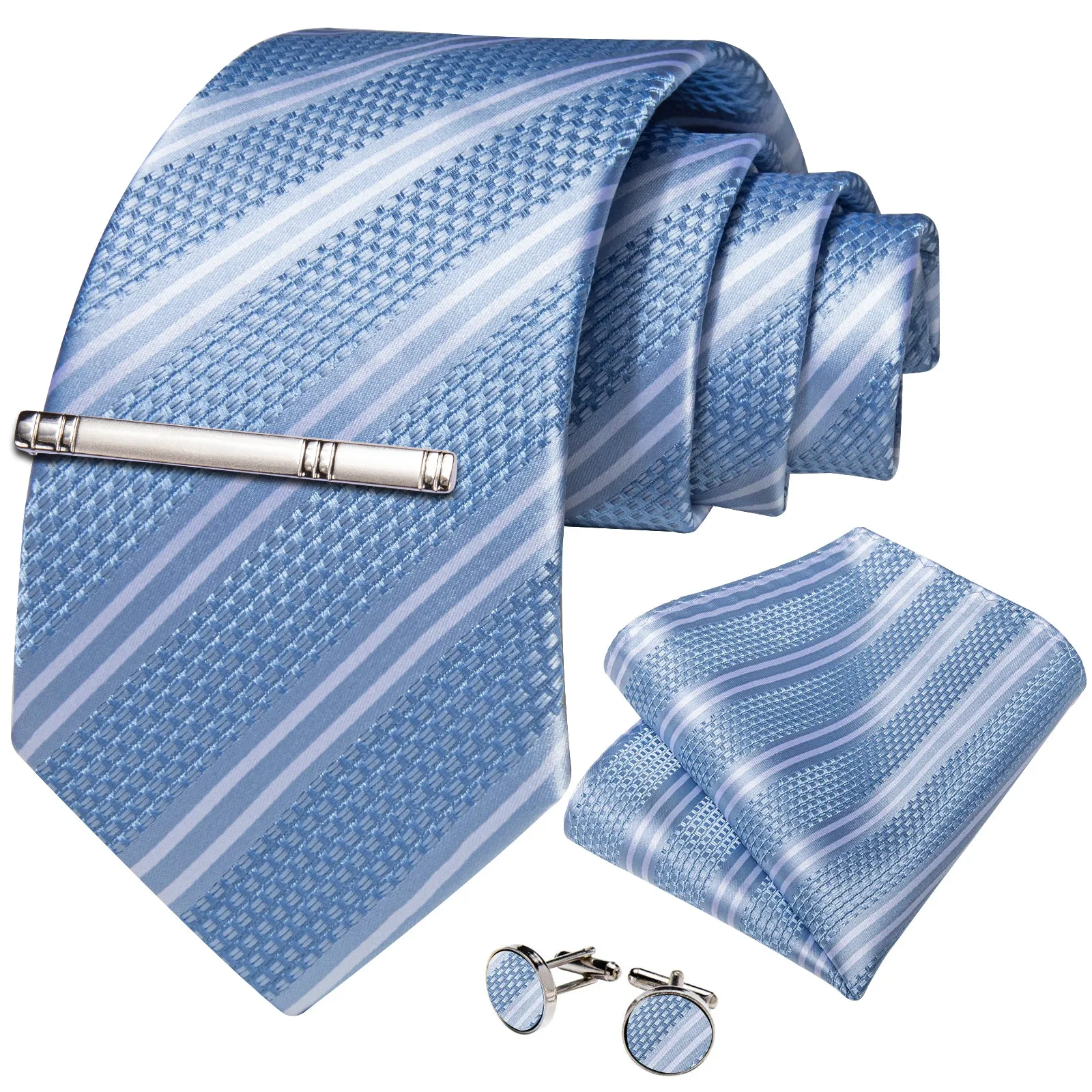 DiBanGu Silk Tie Blue White Striped Men's Tie Handkerchief Cufflinks Clip Set