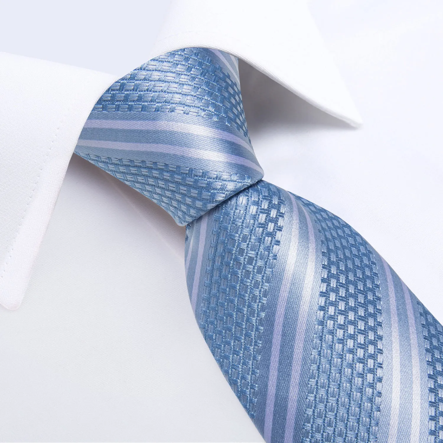 DiBanGu Silk Tie Blue White Striped Men's Tie Handkerchief Cufflinks Clip Set