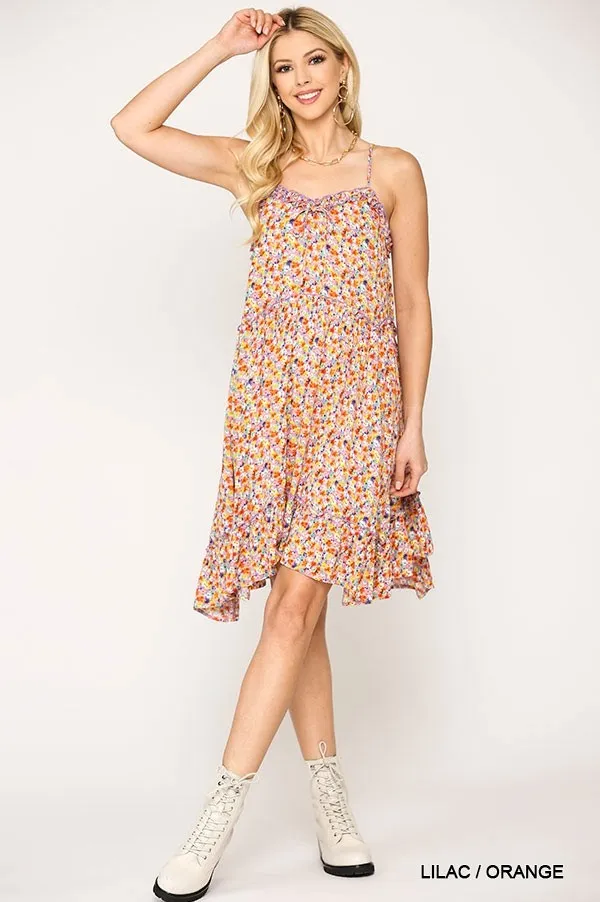 Ditsy Floral Print Sleeveless Dress With Lace Trim