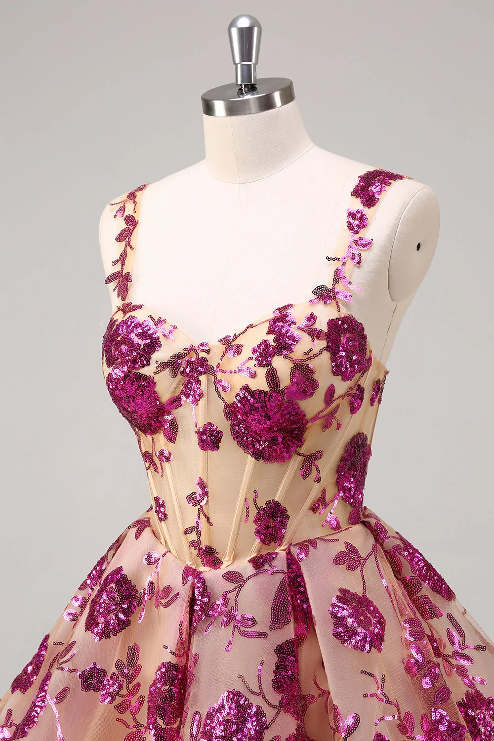 Floral Fuchsia Sequined Corset Homecoming Dress