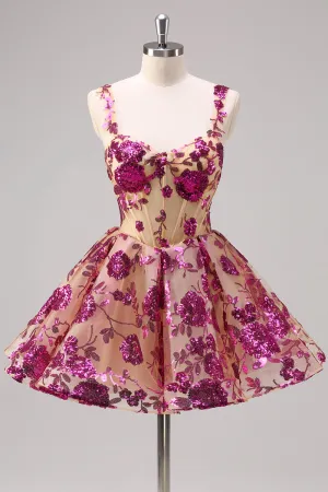 Floral Fuchsia Sequined Corset Homecoming Dress