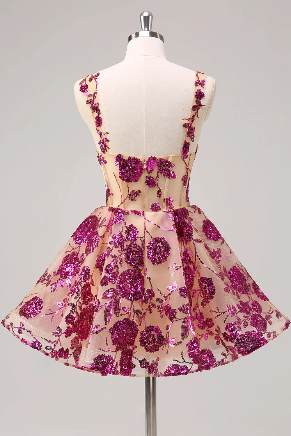 Floral Fuchsia Sequined Corset Homecoming Dress