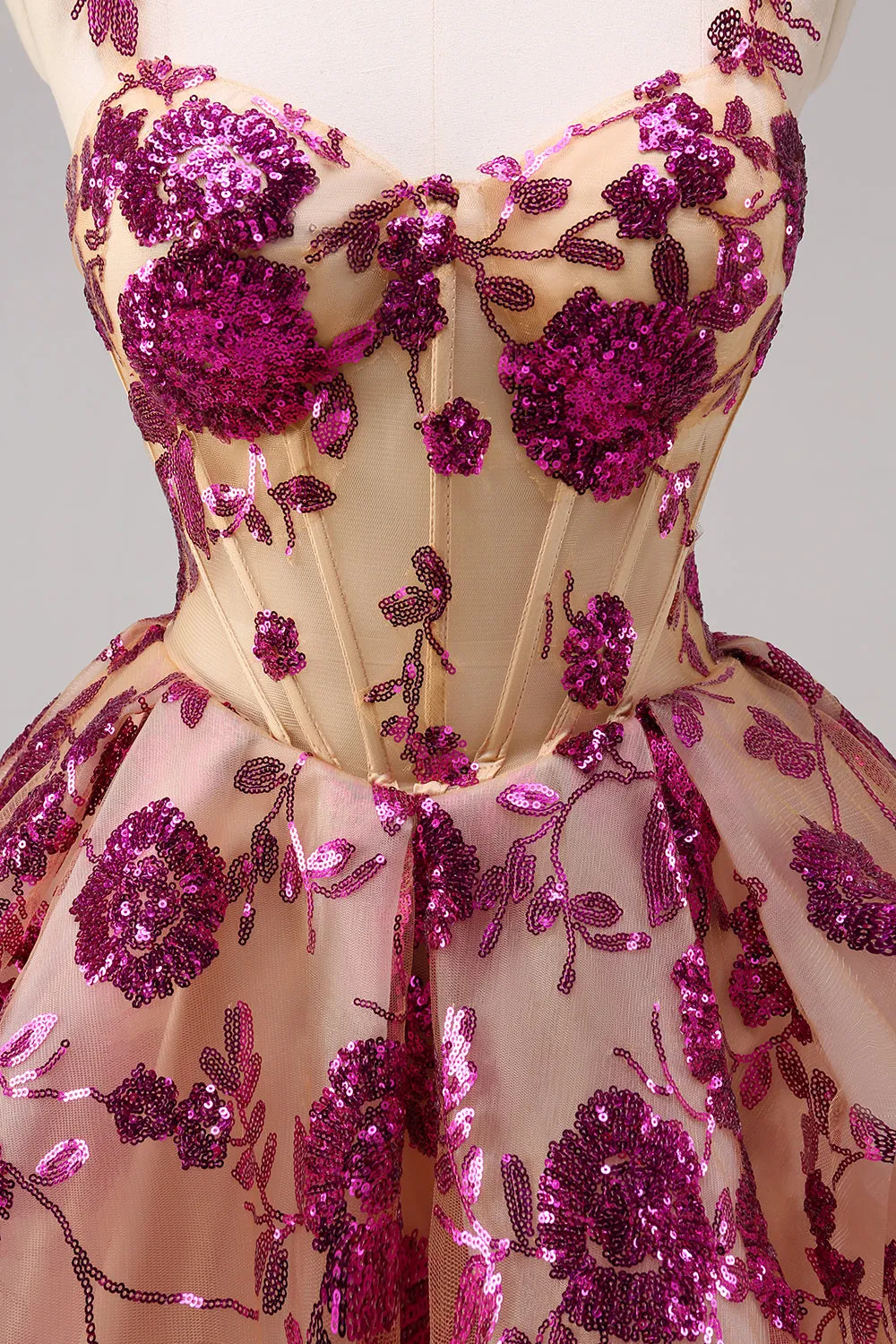 Floral Fuchsia Sequined Corset Homecoming Dress