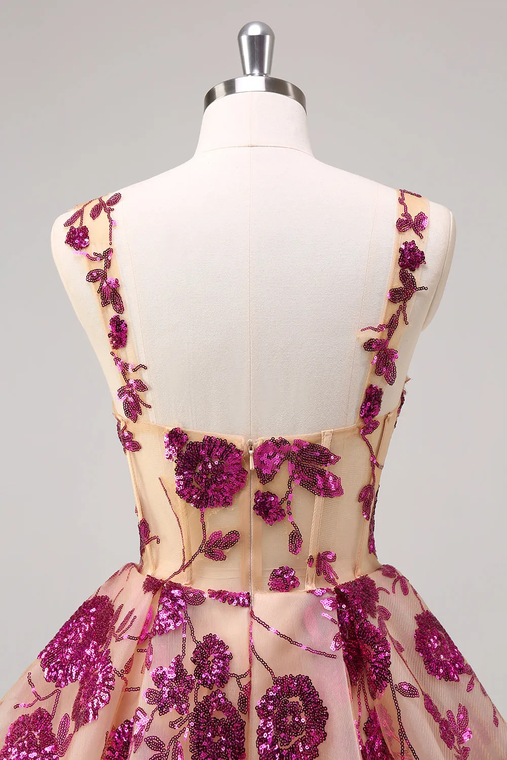 Floral Fuchsia Sequined Corset Homecoming Dress