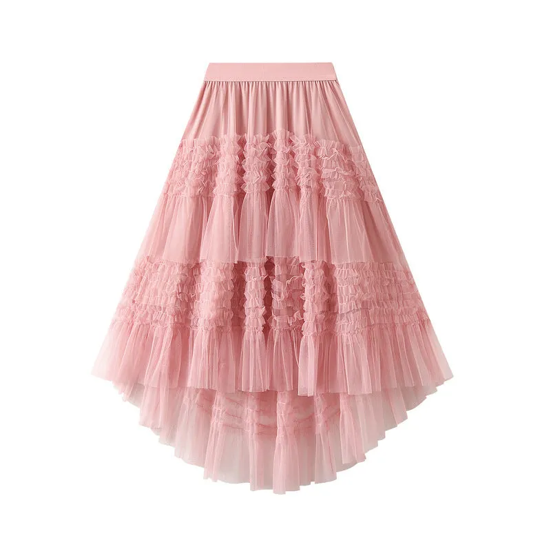 Fungus Irregular Asymmetric Solid Color Cake Pettiskirt Fairy Dress Large Swing Stitching Mesh Half Length Skirt