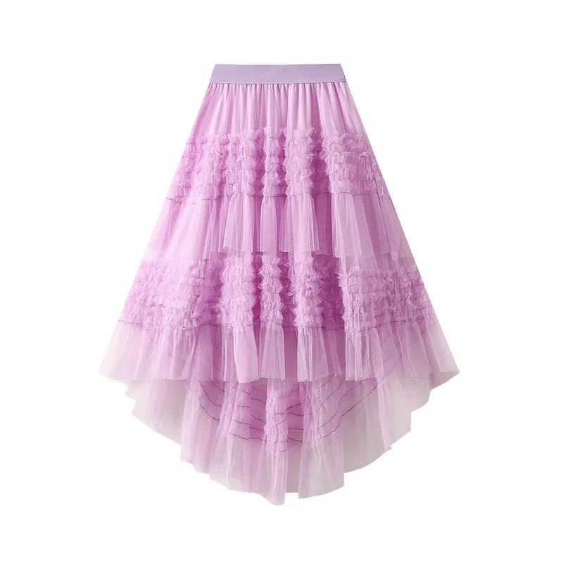 Fungus Irregular Asymmetric Solid Color Cake Pettiskirt Fairy Dress Large Swing Stitching Mesh Half Length Skirt