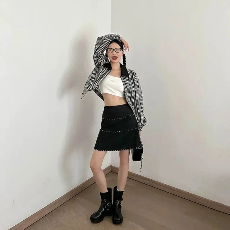 Girlary Korean Style Mini Skirt Women Elegant Sweet Black Short Skirts Sexy Fashion Retro A-line High Waist Skirts Aesthetics