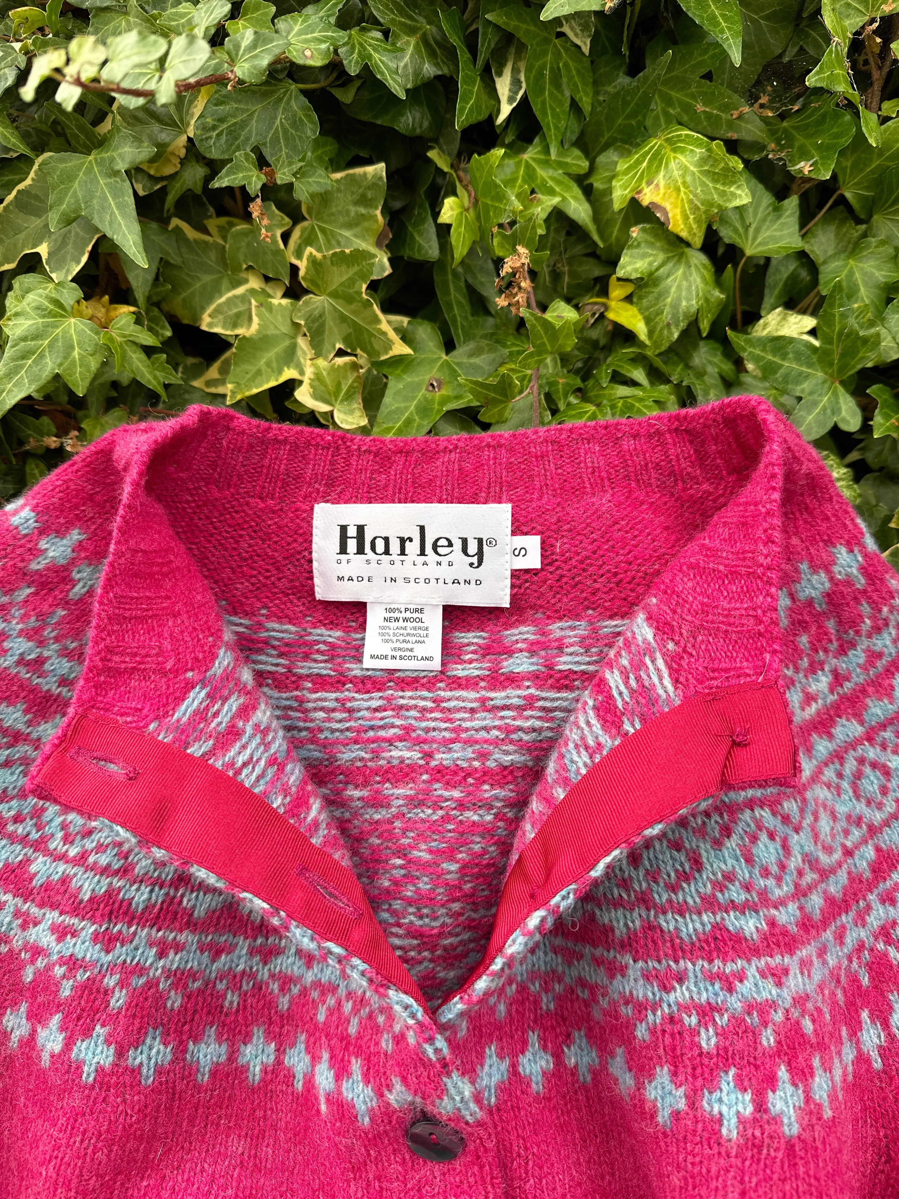 Harley Of Scotland Carnation & Duckegg Crew Neck Fair Isle Cardigan