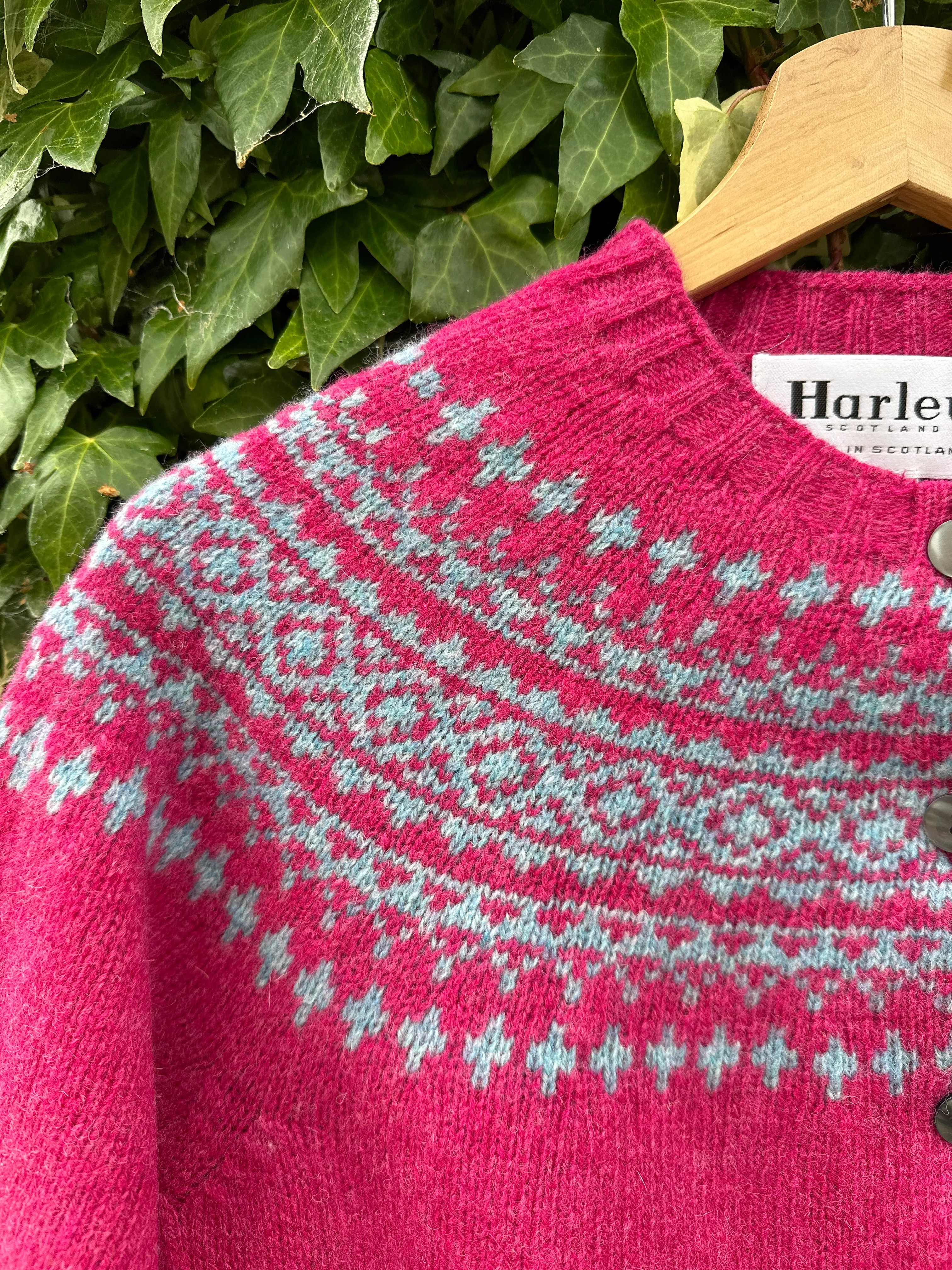 Harley Of Scotland Carnation & Duckegg Crew Neck Fair Isle Cardigan