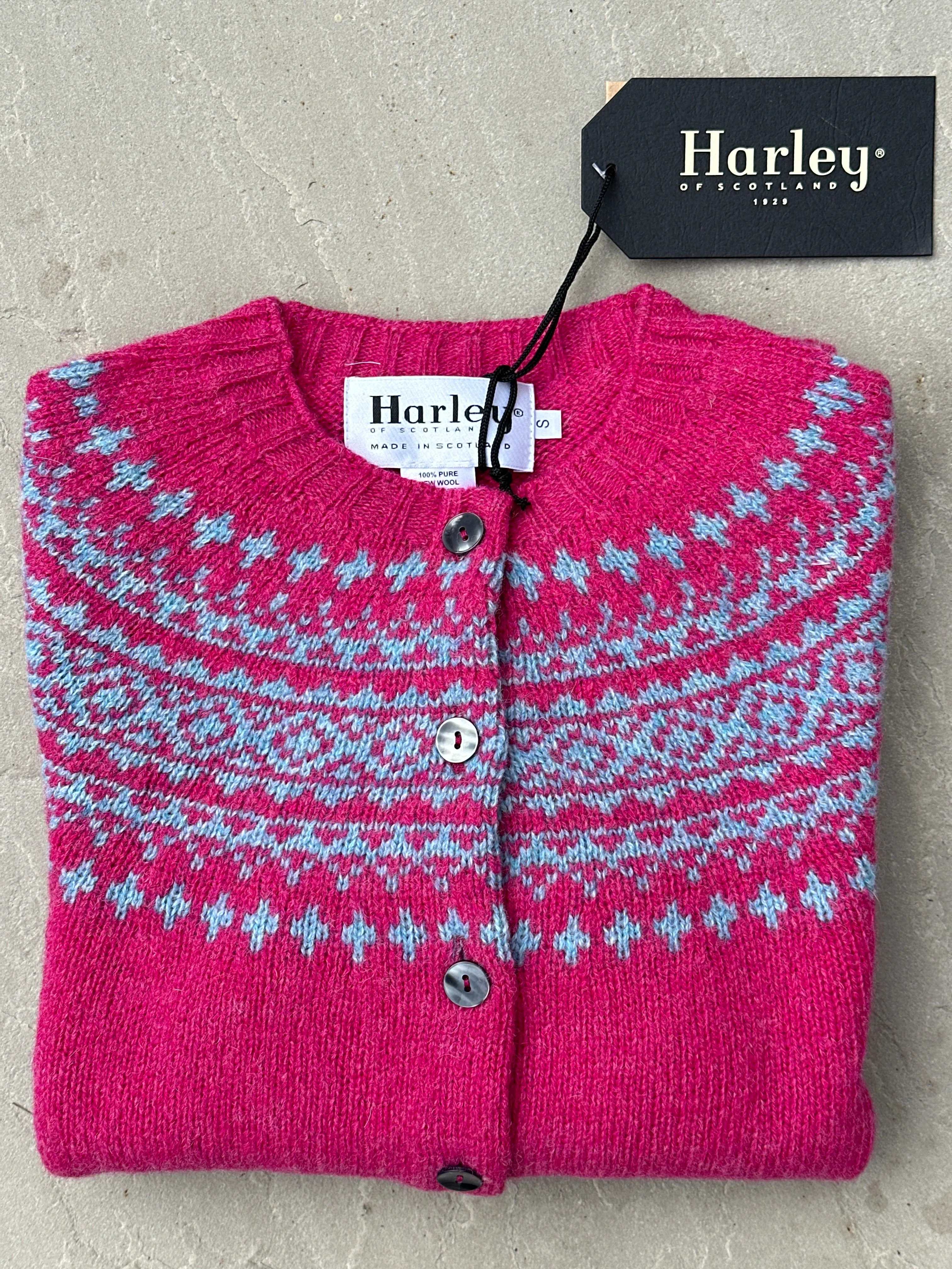 Harley Of Scotland Carnation & Duckegg Crew Neck Fair Isle Cardigan