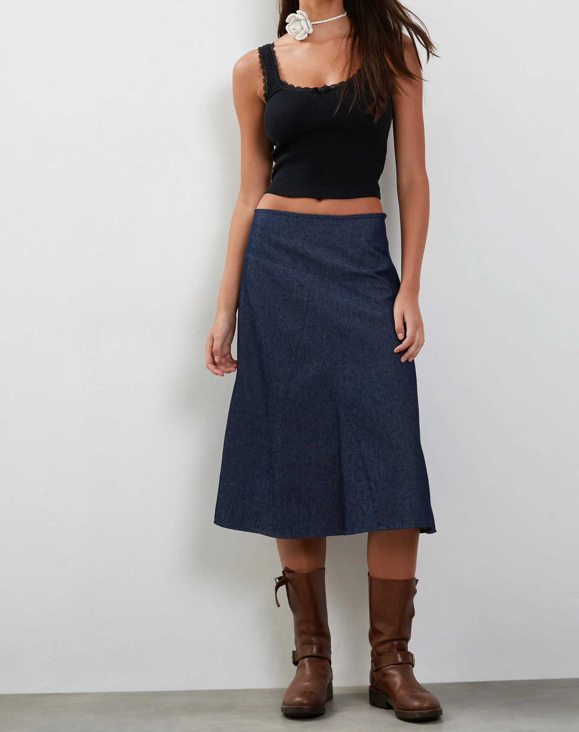 Imbrella Denim Midi Skirt in Dark Indigo