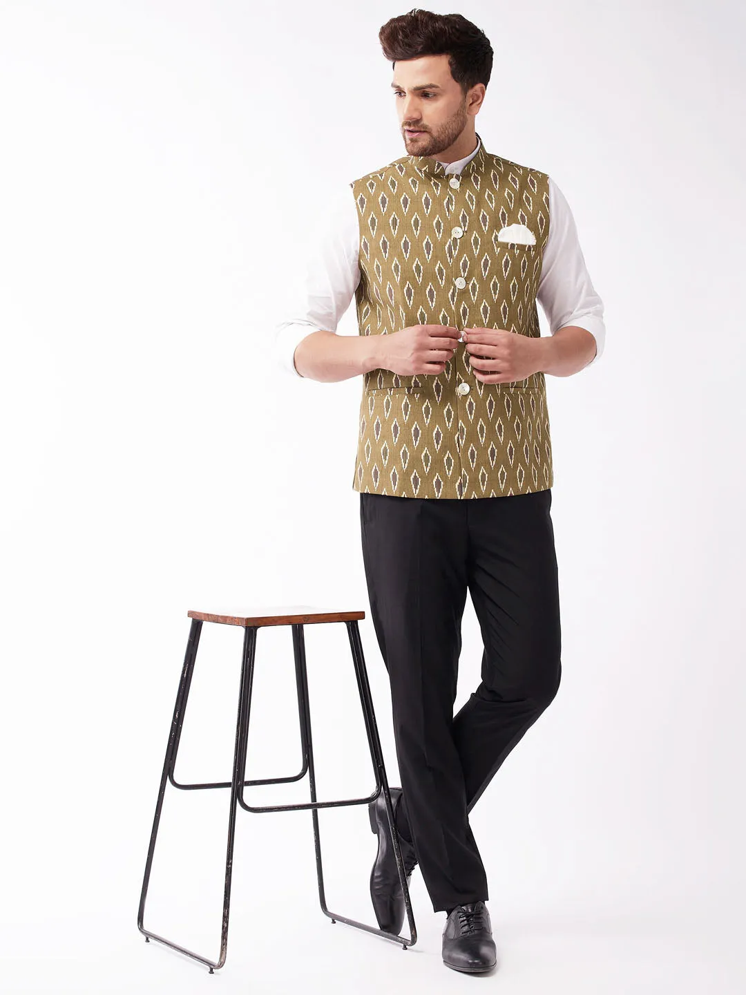 Jashvi Men's Multicolour-Base-Green Cotton Nehru Jacket