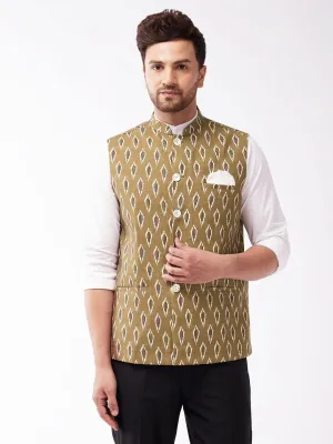 Jashvi Men's Multicolour-Base-Green Cotton Nehru Jacket