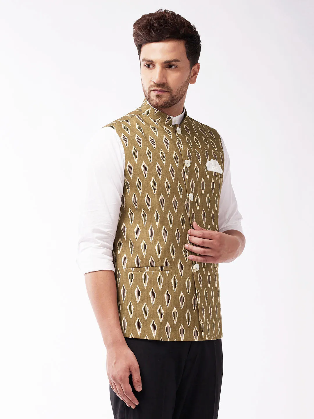 Jashvi Men's Multicolour-Base-Green Cotton Nehru Jacket