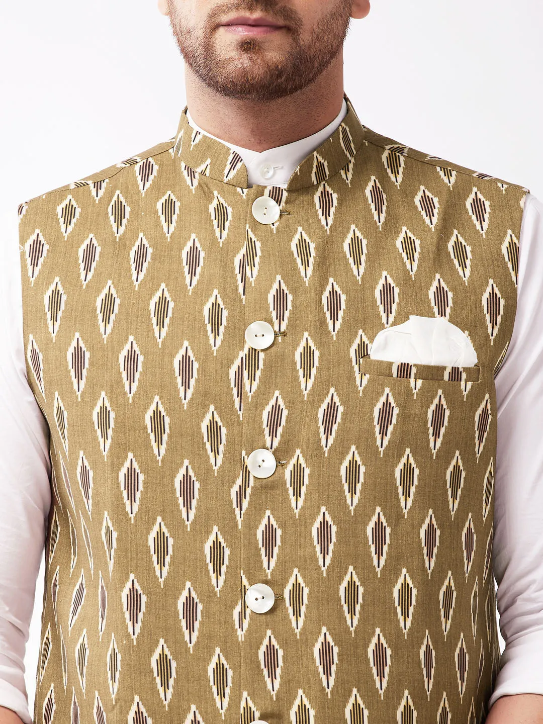 Jashvi Men's Multicolour-Base-Green Cotton Nehru Jacket