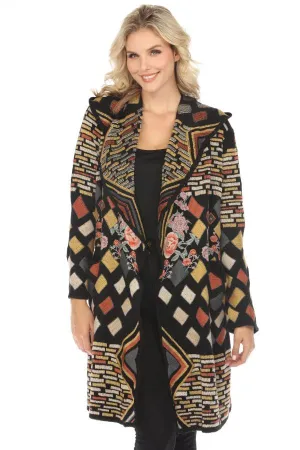 Johnny Was Biya Black Embroidered Hooded Cardigan Duster Boho Chic B63219