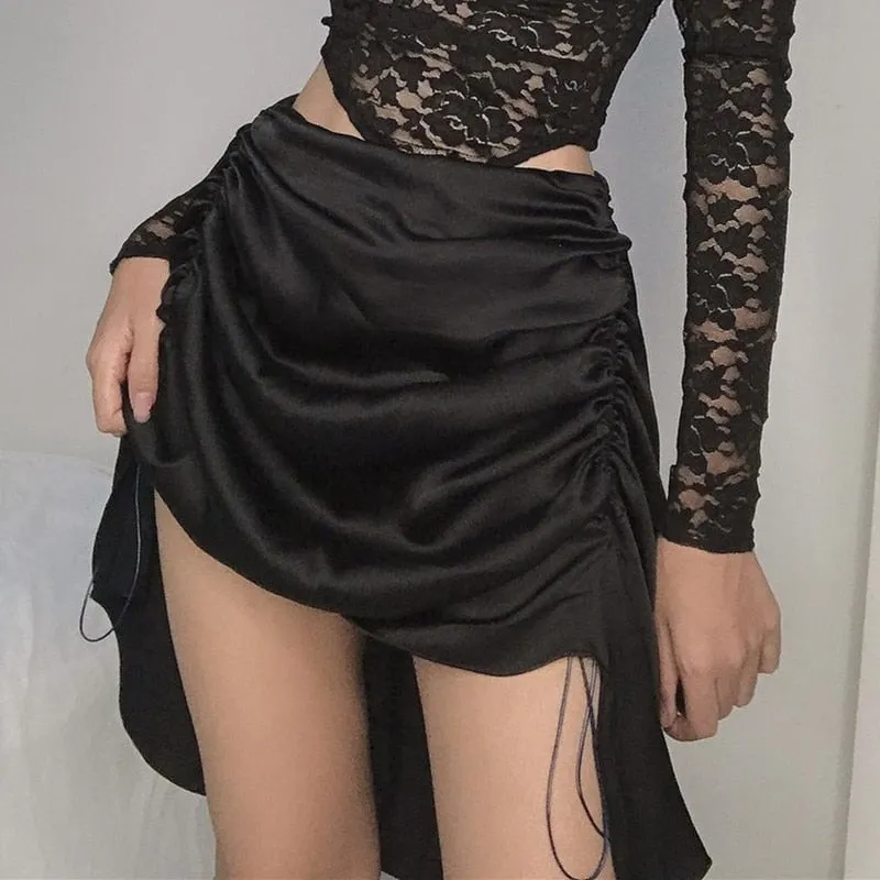 Joskaa Christmas Gift Kefira 2024 Summer Satin Sexy Short Women Skirts Ruched Drawstring Chic A-line Party Streetwear White Elegant Mini Black Skirt