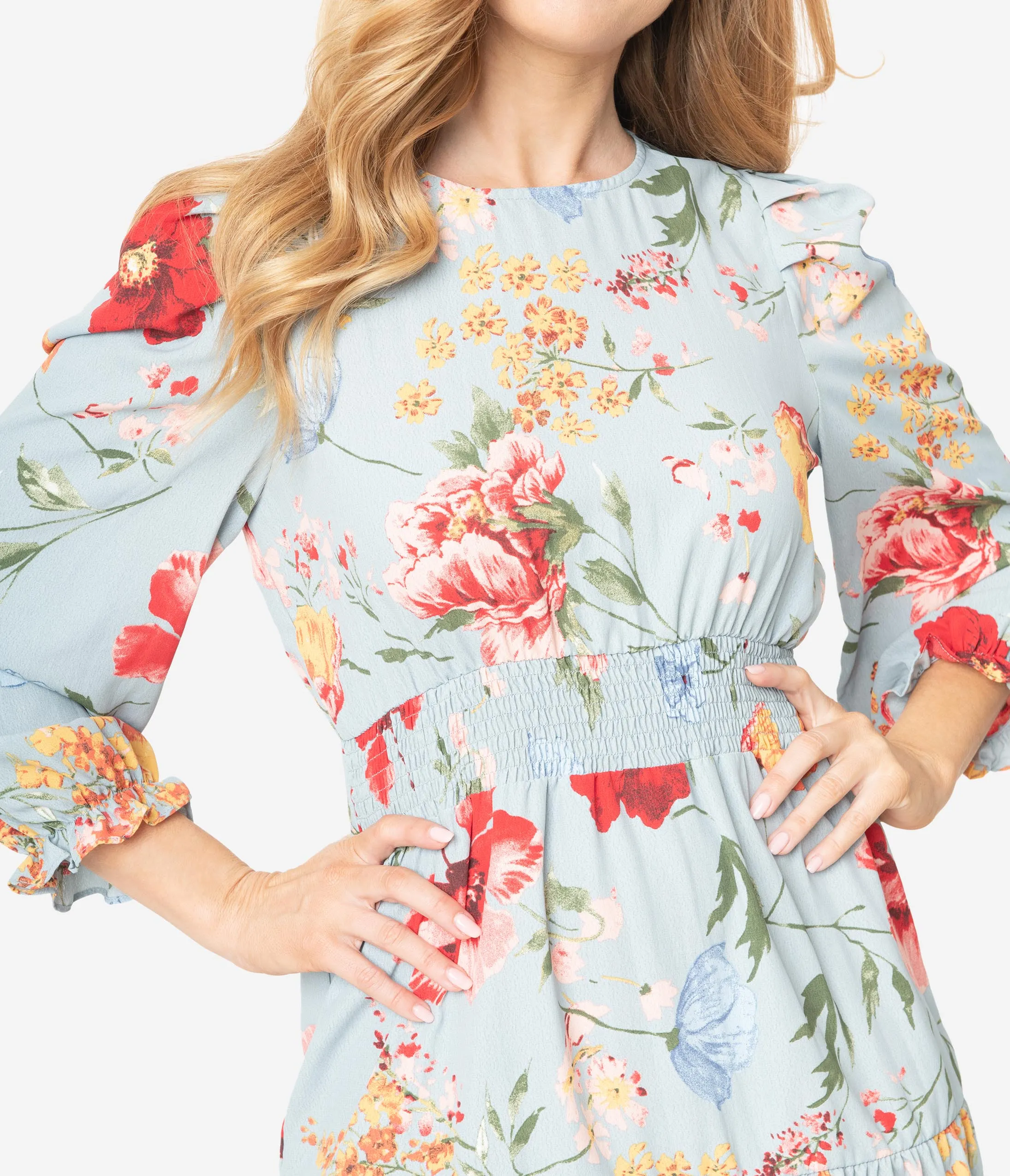 Light Blue Floral Print Long Sleeve Mini Dress