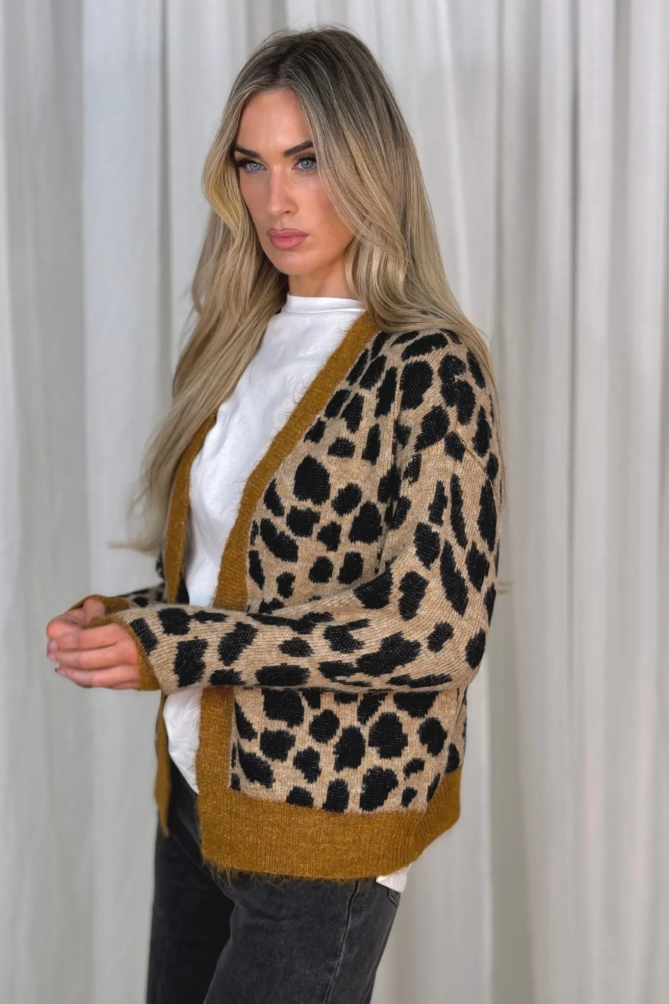 Melanie Camel Trim Cardigan In Leopard Print