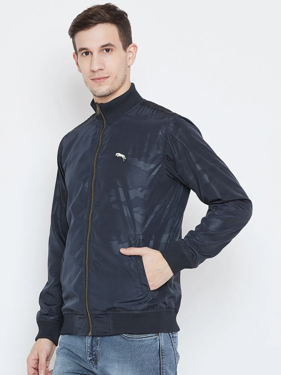 Men Casual Navy Blue Bomber Jacket