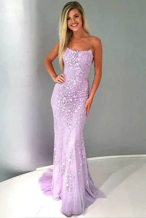 Mermaid Backless Prom Dress Lace Spaghetti Straps Evening Gown