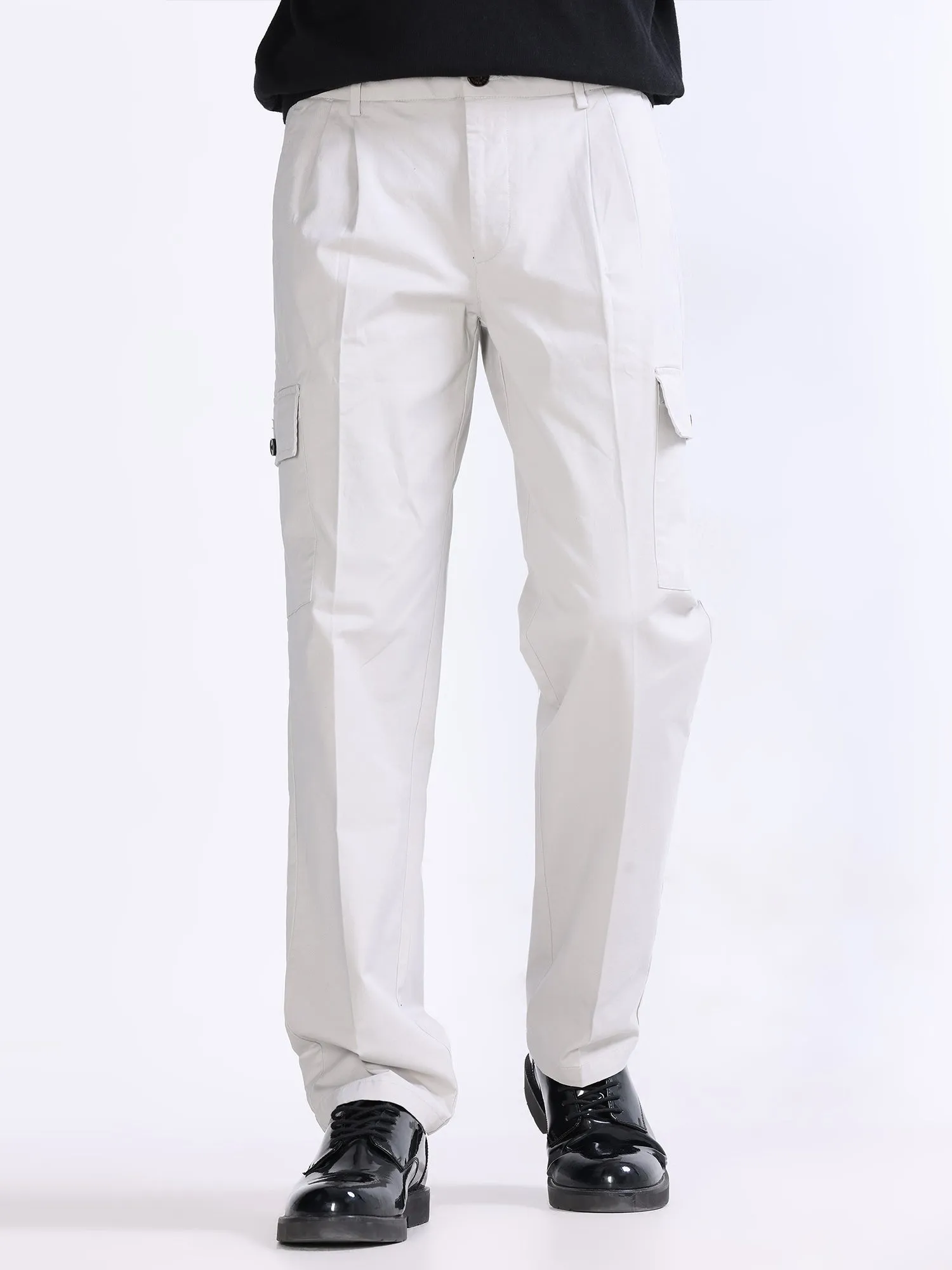 Milano Double Pleated Powder White Relaxed Cargo