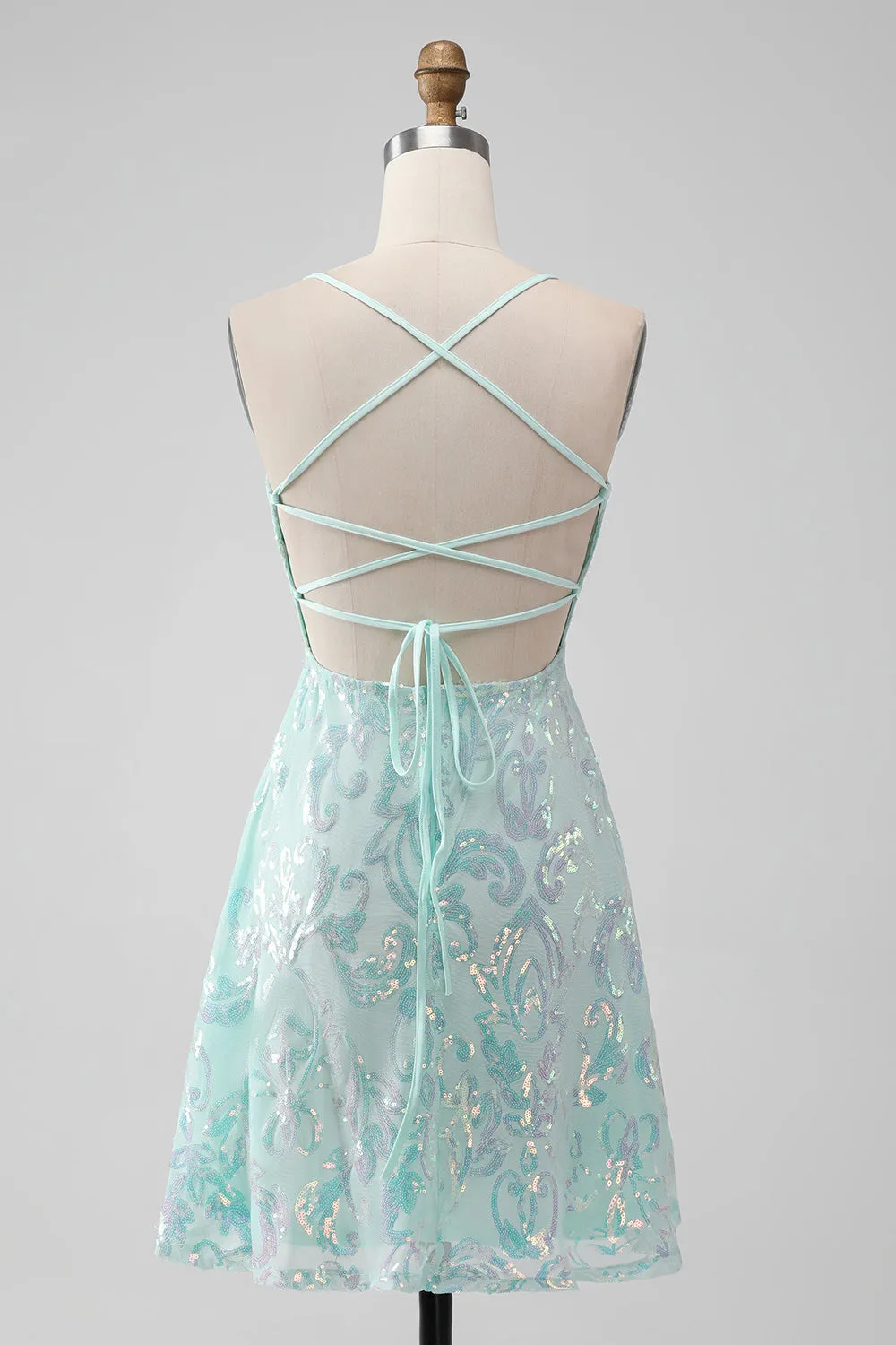 Mint A Line Sequins Mini  Dress with Lace-up Back