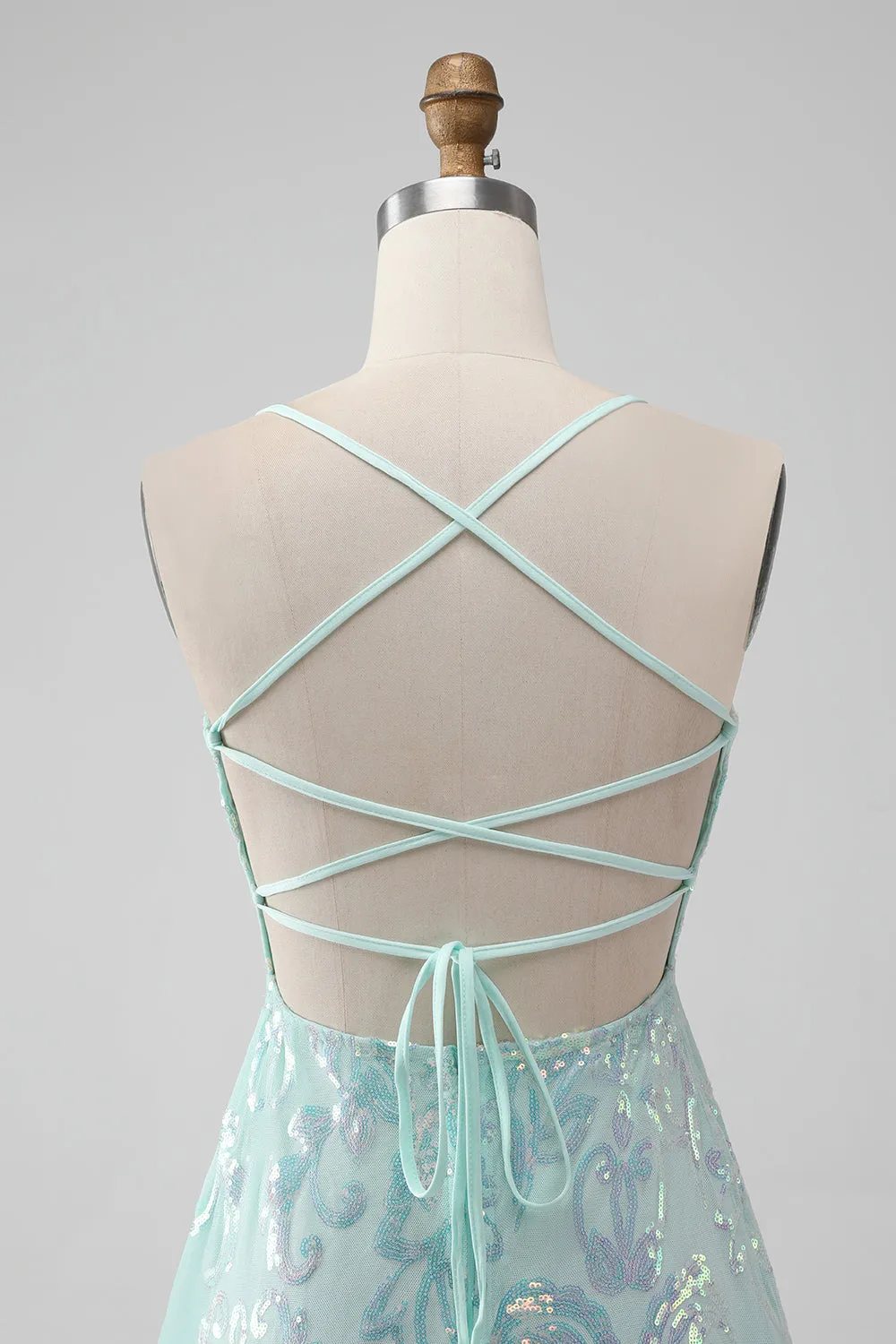 Mint A Line Sequins Mini  Dress with Lace-up Back