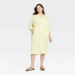 New - Women's 3/4 Sleeve Midi Shirtdress - Universal Thread Yellow 2X