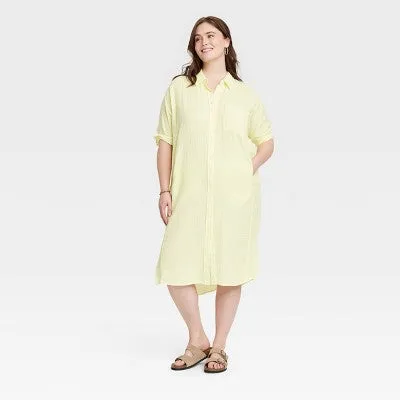 New - Women's 3/4 Sleeve Midi Shirtdress - Universal Thread Yellow 2X